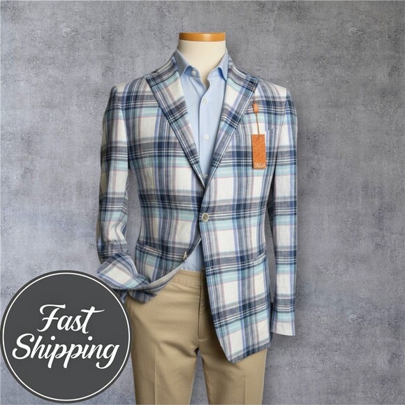 $295 TALLIA 48R Blue/Navy Glen Plaid Linen Blazer Sport Coat 2-Button Jacket - Picture 2 of 9